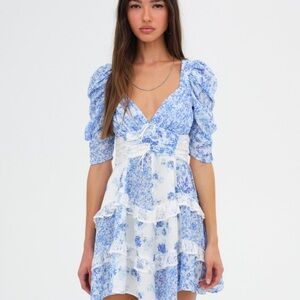 For Love & Lemons Light Blue Floral Mini Dress with Puff Sleeves